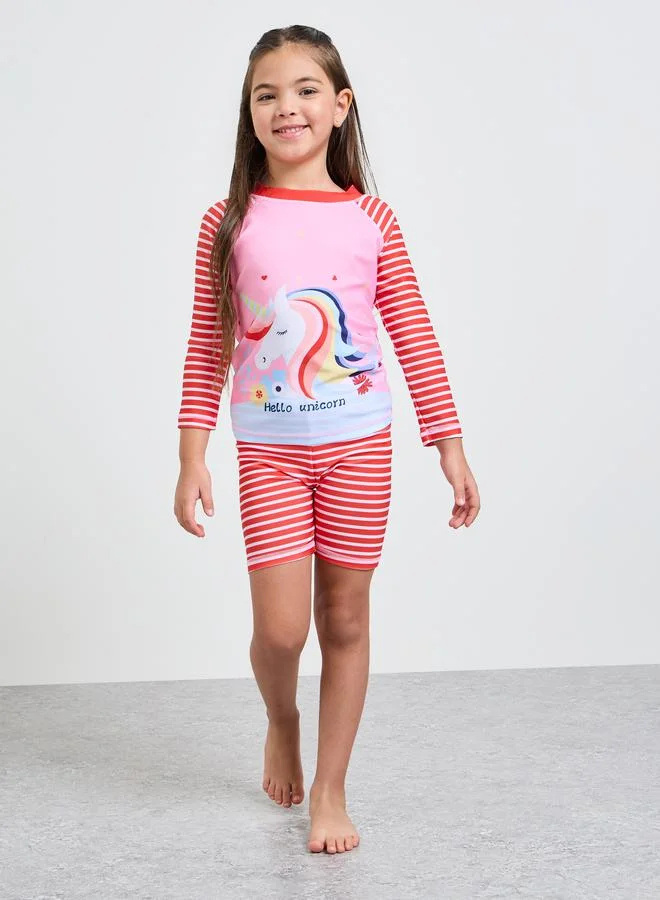 Styli Girls Striped Graphic Print T-Shirt and Swim Shorts Set