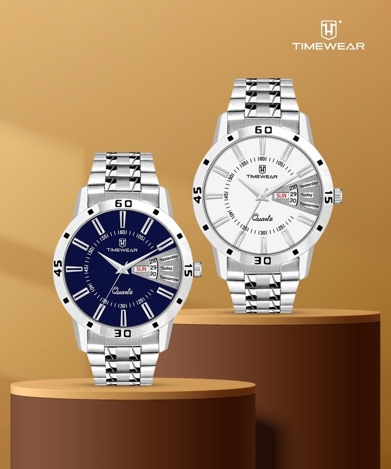 TIMEWEAR Formal Day Date Watch Collection Stainless Steel Analog Men's Watch (Blue Dial Silver Colored Strap) - Image 5