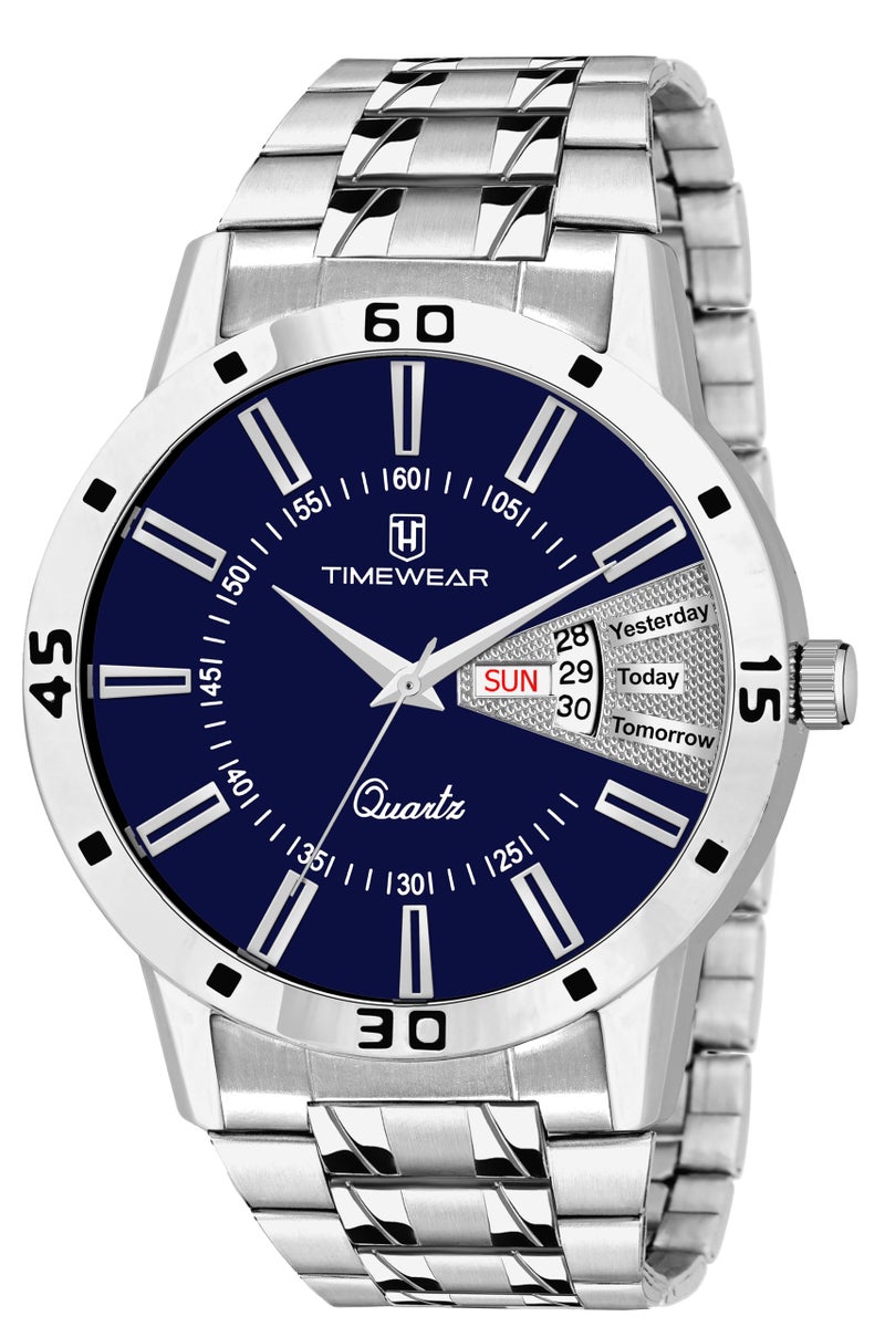 TIMEWEAR Formal Day Date Watch Collection Stainless Steel Analog Men's Watch (Blue Dial Silver Colored Strap) - Image 1