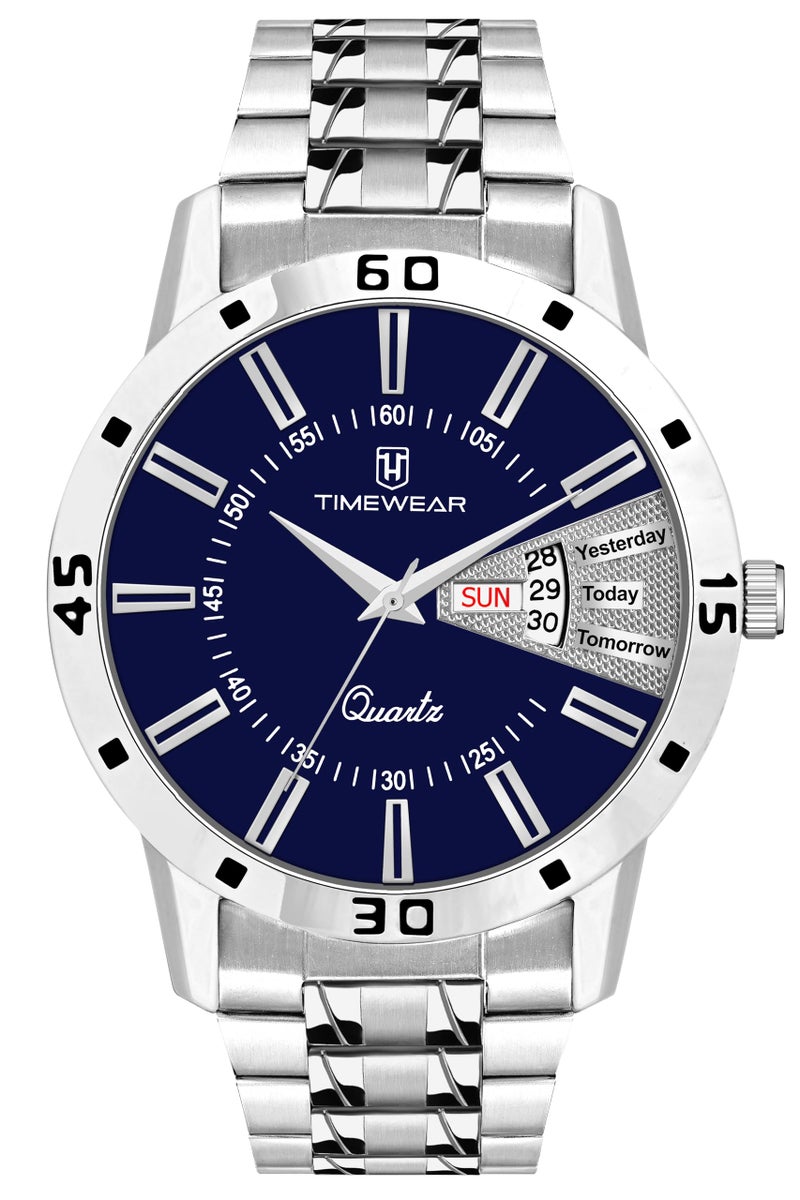 TIMEWEAR Formal Day Date Watch Collection Stainless Steel Analog Men's Watch (Blue Dial Silver Colored Strap) - Image 3