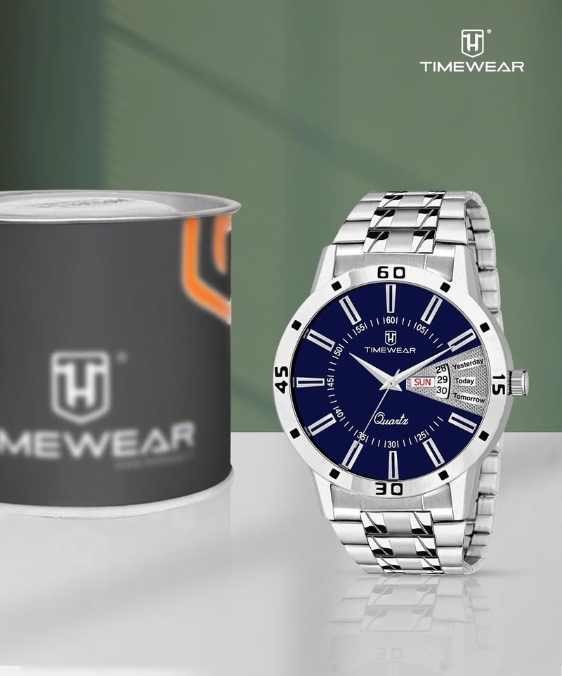 TIMEWEAR Formal Day Date Watch Collection Stainless Steel Analog Men's Watch (Blue Dial Silver Colored Strap) - Image 2