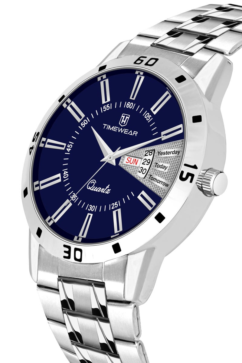 TIMEWEAR Formal Day Date Watch Collection Stainless Steel Analog Men's Watch (Blue Dial Silver Colored Strap) - Image 4