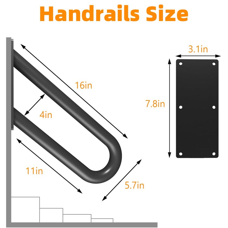 Sahans Hand Rails for Outdoor Steps Stair Railing Indoor Rail Metal Heavy Duty Non-Slip 1-3 Step Wall Mount Grab Bars U-Shape Safety Handle Garage Porch Courtyard Doorways 16 INCH Garden - Image 2