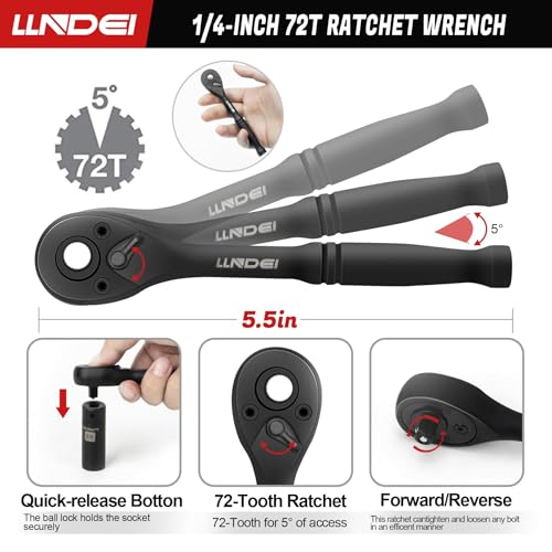 LLNDEI 1/4" Drive Socket Set & Nut Driver Set 38PCS,1/4-Inch Sockets Deep&Shallow SAE 5/32" to 9/16"? with Ratchet, Hex Shank 6" Long Nut Drivers(1/4" to 9/16") for Drill Bits(PH1 PH2) - Image 4