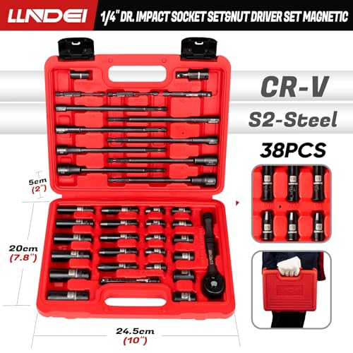 LLNDEI 1/4" Drive Socket Set & Nut Driver Set 38PCS,1/4-Inch Sockets Deep&Shallow SAE 5/32" to 9/16"? with Ratchet, Hex Shank 6" Long Nut Drivers(1/4" to 9/16") for Drill Bits(PH1 PH2) - Image 3