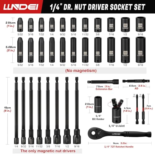 LLNDEI 1/4" Drive Socket Set & Nut Driver Set 38PCS,1/4-Inch Sockets Deep&Shallow SAE 5/32" to 9/16"? with Ratchet, Hex Shank 6" Long Nut Drivers(1/4" to 9/16") for Drill Bits(PH1 PH2) - Image 2