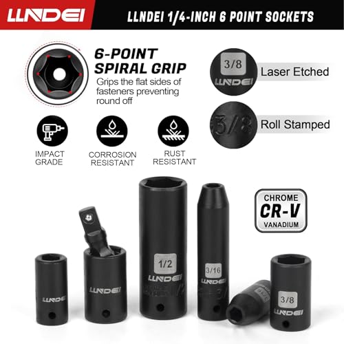 LLNDEI 1/4" Drive Socket Set & Nut Driver Set 38PCS,1/4-Inch Sockets Deep&Shallow SAE 5/32" to 9/16"? with Ratchet, Hex Shank 6" Long Nut Drivers(1/4" to 9/16") for Drill Bits(PH1 PH2) - Image 5