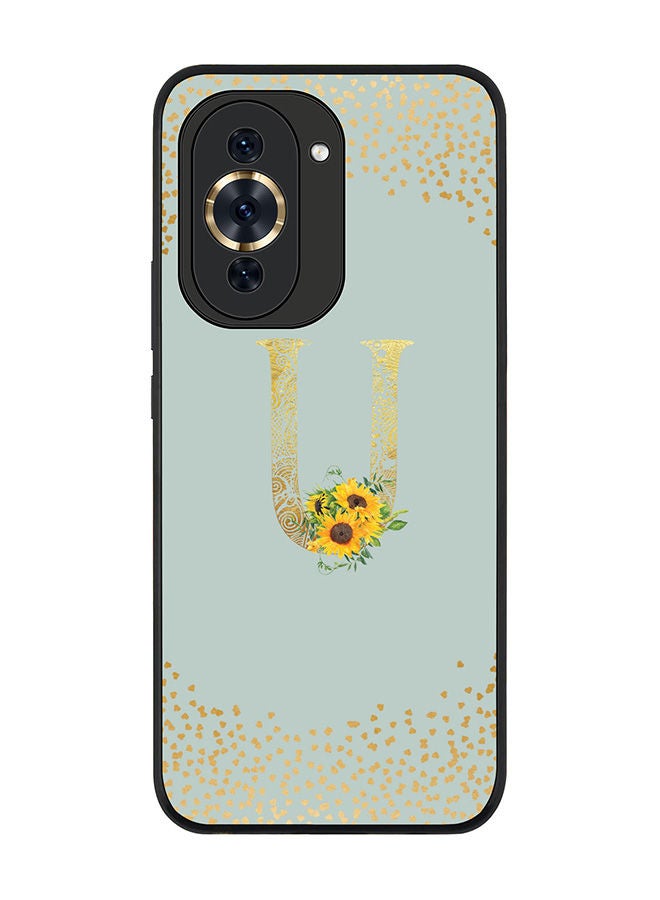 Stylizedd Rugged Black edge case for Huawei nova 10 4G Slim fit Soft Case Flexible Rubber Edges Anti Drop TPU Gel Thin Cover -  Custom Monogram Initial Letter Floral Pattern Alphabet - U  ( Light Green ) - Image 1