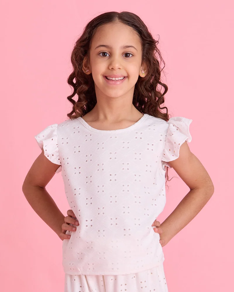 Redtag Girls White Textured Top And Short Casual Set