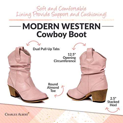 Charles Albert Modern Western Cowboy Boots for Women Ladies Stacked Heel Ankle Cowgirl Boots with Pull-Up Tabs in Blush Size 6 - Image 5