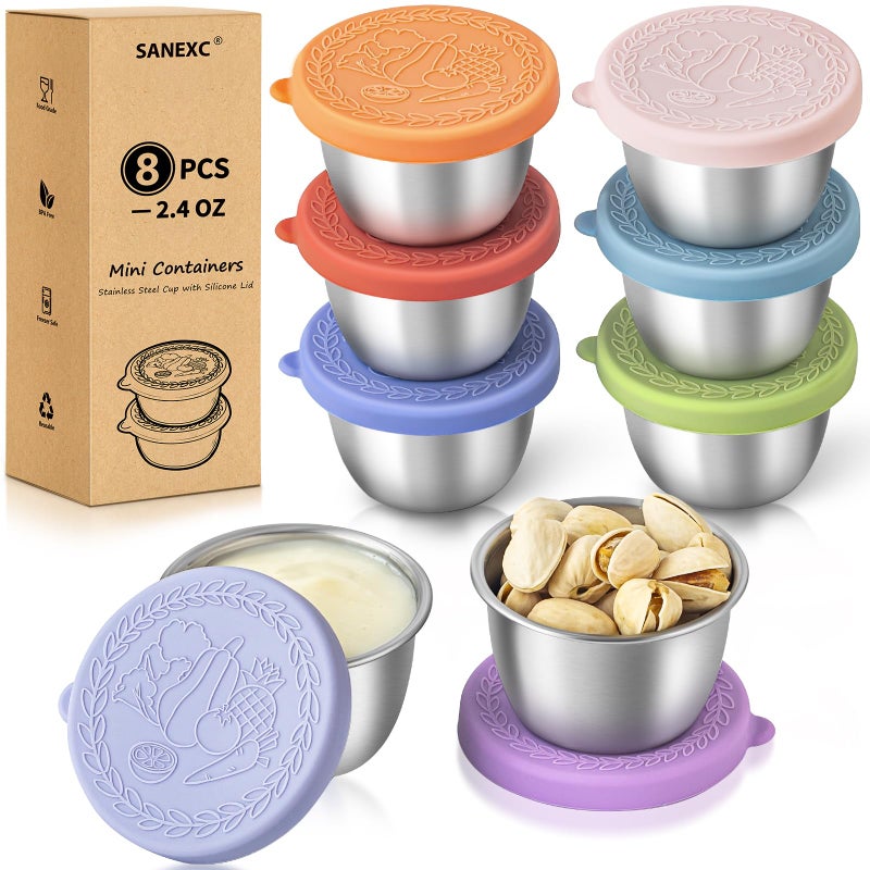 SANEXC 8 Pack - 2.4 Oz Small Salad Dressing Containers To Go, Leakproof Condiment Containers with Lids Reusable Stainless Steel Sauce Cups for Lunch Boxes Kitchen Storage Picnics Travel Meal Prep - Image 1