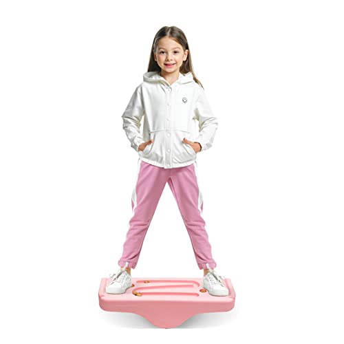 Joonly Kids Rocking Seesaw Balance Board with 5 Wooden Balls Sensory Training Rocking Board Balance Training Equipment Children Indoor Outdoor Activity Toy Pink - Image 1
