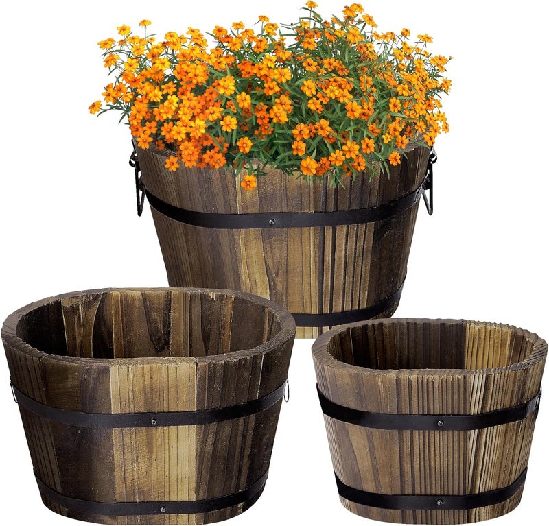 Adnee Wooden Whiskey Barrel Planters - Wooden Bucket Barrel Garden Planters Set - Rustic Flower Planters Pots Container for Indoor Outdoor Garden Home Plants (Oval-3 pcs) - Image 1