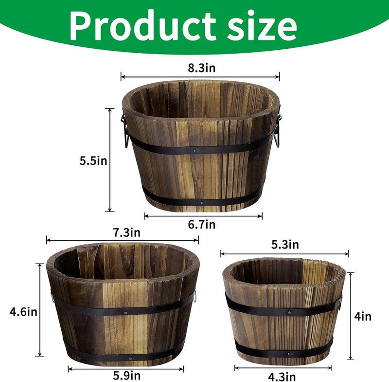 Adnee Wooden Whiskey Barrel Planters - Wooden Bucket Barrel Garden Planters Set - Rustic Flower Planters Pots Container for Indoor Outdoor Garden Home Plants (Oval-3 pcs) - Image 2