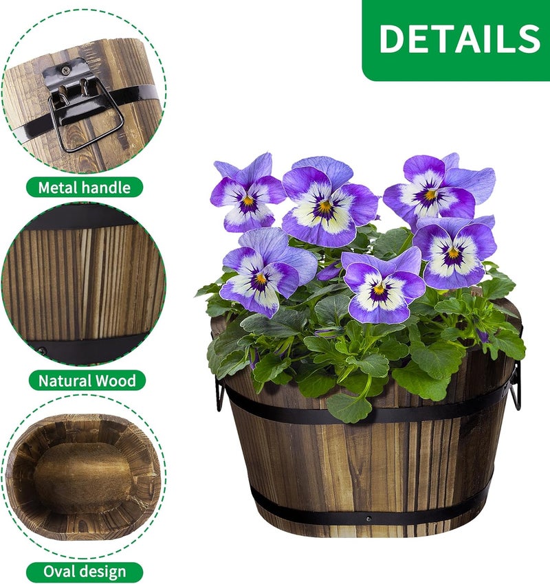 Adnee Wooden Whiskey Barrel Planters - Wooden Bucket Barrel Garden Planters Set - Rustic Flower Planters Pots Container for Indoor Outdoor Garden Home Plants (Oval-3 pcs) - Image 3