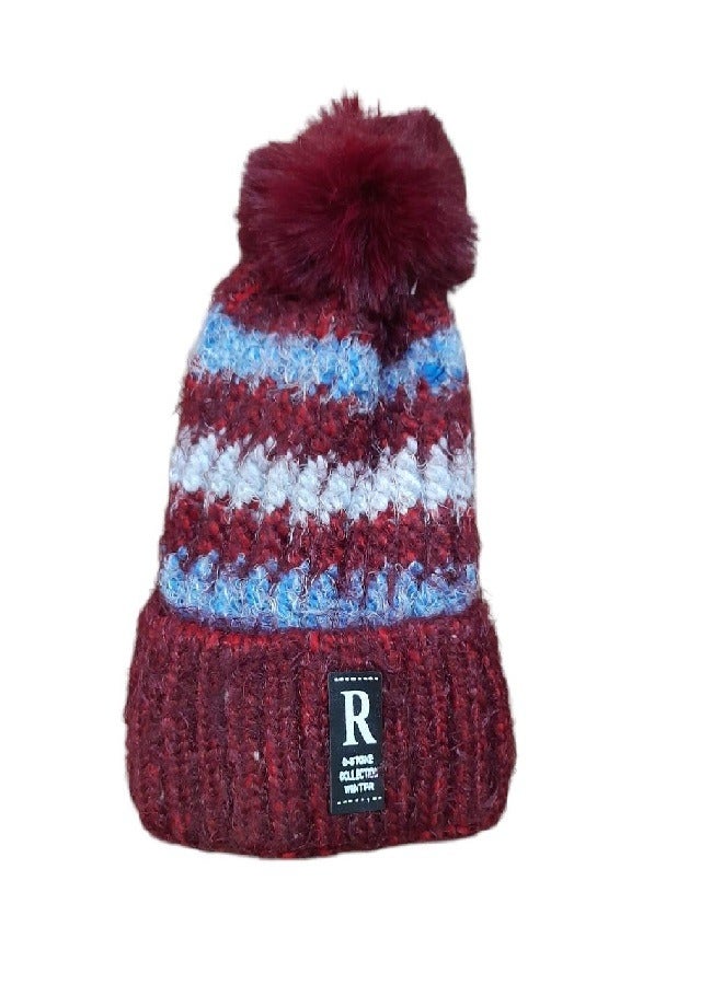 Winter ice cap made of durable, high-quality wool yarn. It is lined on the inside in a way that makes you feel warm in a wonderful way (burgundy-Blue-White). 