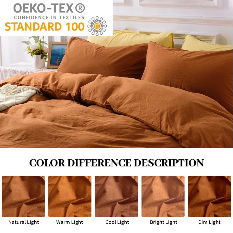 NEXHOME PRO Terracotta Burnt Orange Duvet Cover Set Queen Size Linen Textured Organic Natural 100% Washed Cotton Duvet Cover Caramel 3 Pieces Bedding Set with Zipper Closure Soft (No Comforter) - Image 3