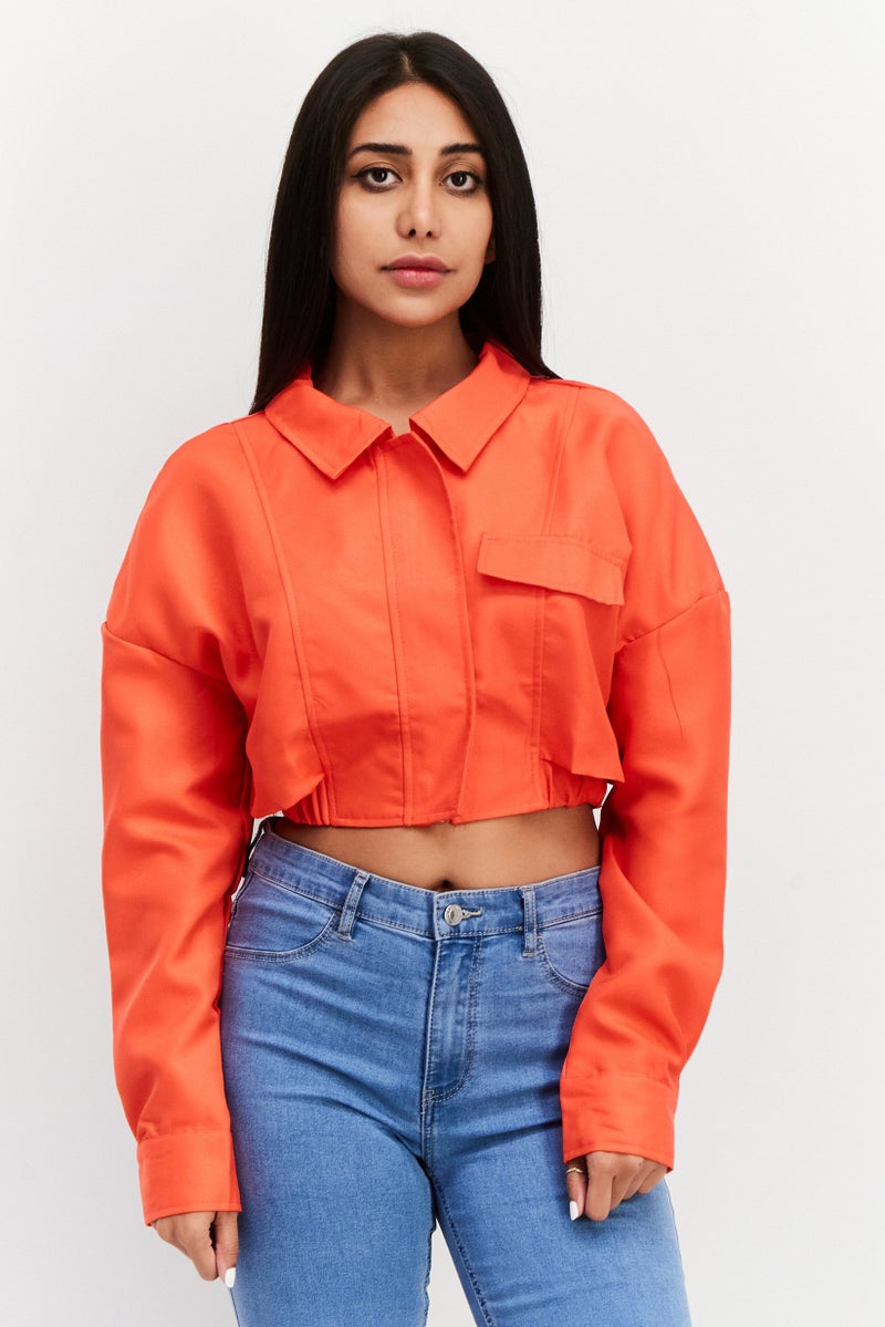 MISSY EMPIRE Women Spread Collar Long Sleeve Plain Top, Red - Image 1