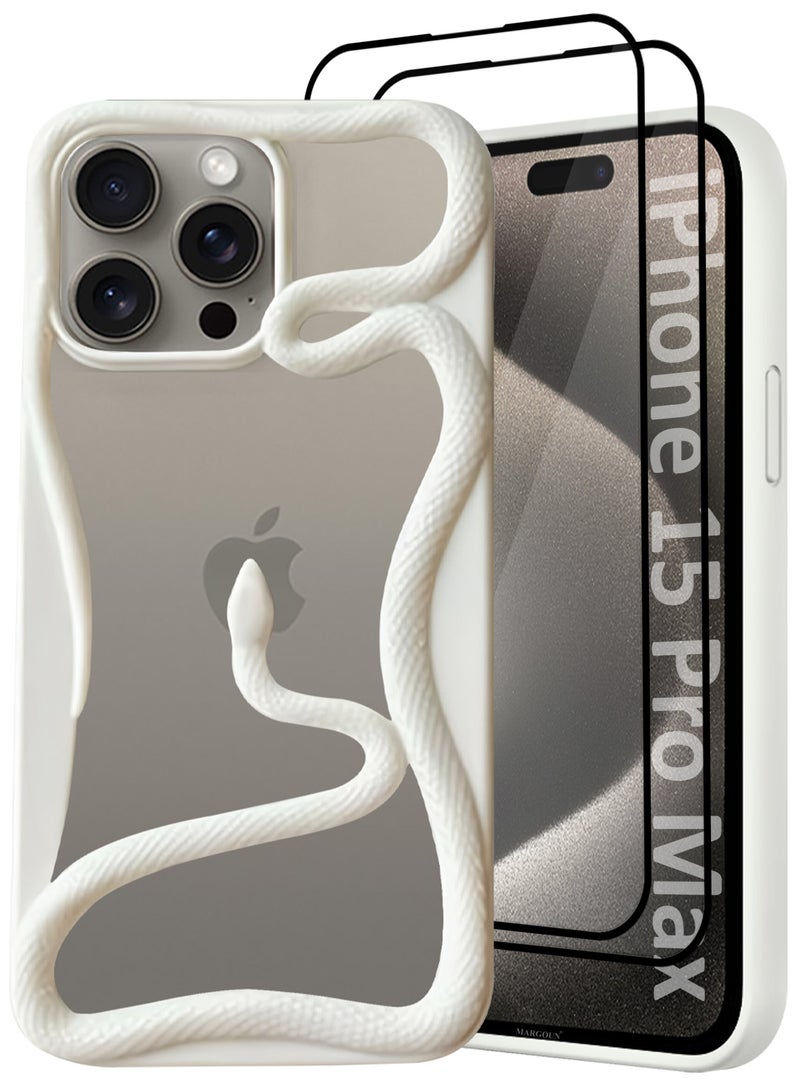 CATANES iPhone 15 Pro Max 3Packs Snake Case Cover Soft TPU and Glossy with Two 3D Shockproof Screen Protector - White - Image 5