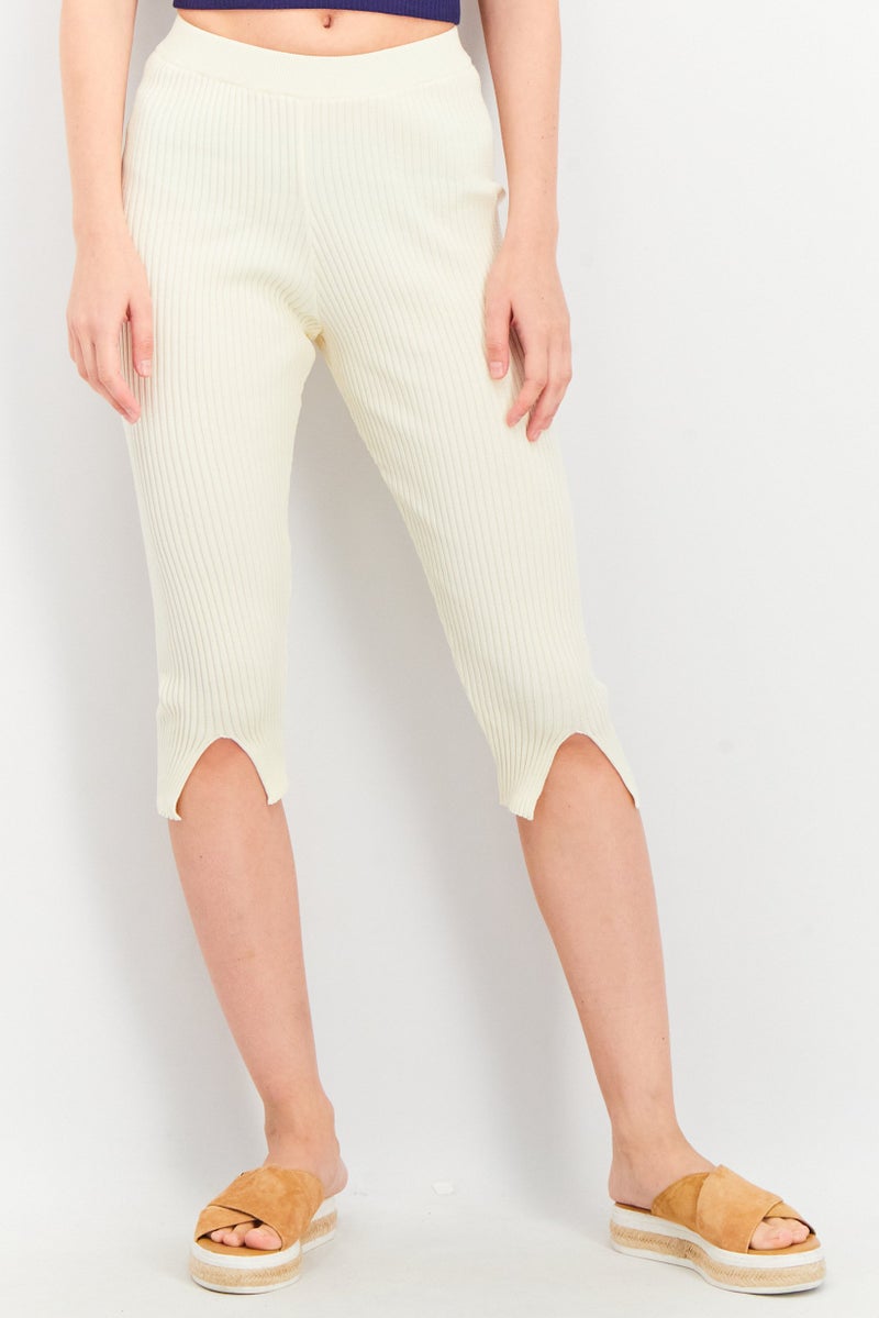 NA-KD Women Front Slit Knitted Leggings, Cream - Image 1