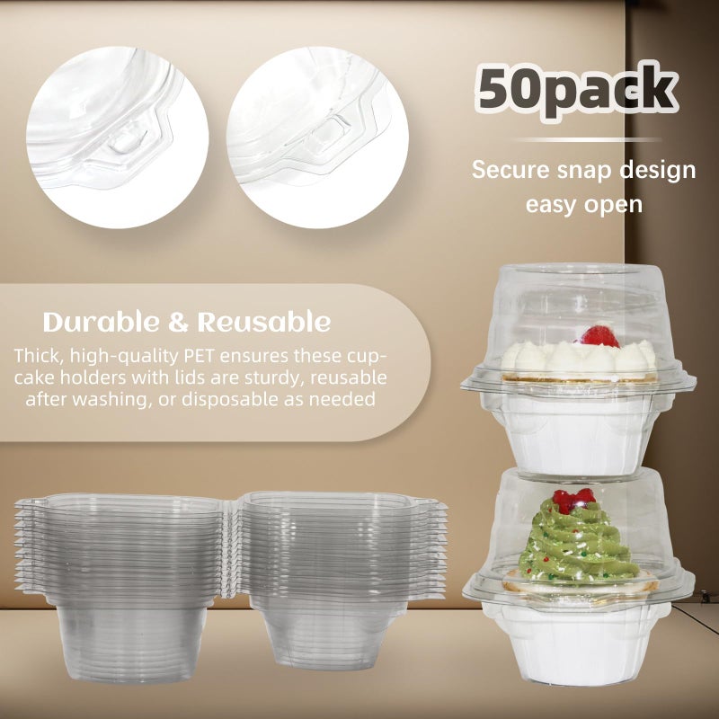 WIKDAY 50 Pcs Individual Cupcake Containers, Clear Plastic Cupcake Holders with Lids, Spacious 3" Design for Frosted Cupcakes, Stackable & Reusable for Parties, Baking, Picnics - Image 3
