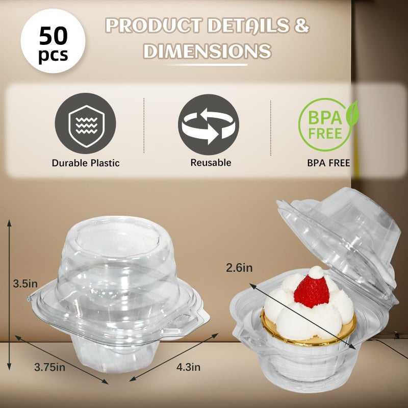 WIKDAY 50 Pcs Individual Cupcake Containers, Clear Plastic Cupcake Holders with Lids, Spacious 3" Design for Frosted Cupcakes, Stackable & Reusable for Parties, Baking, Picnics - Image 2