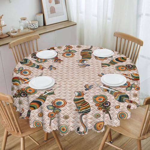 Arroganttiom Round Tablecloth 60 inch, Boho Nation Round Table Cloth, Stain Resistance Water Repellent Wrinkle-Free, Vintage Cat Circle Tablecloth for Home Kitchen Dining Party Patio Indoor Outdoor - Image 1