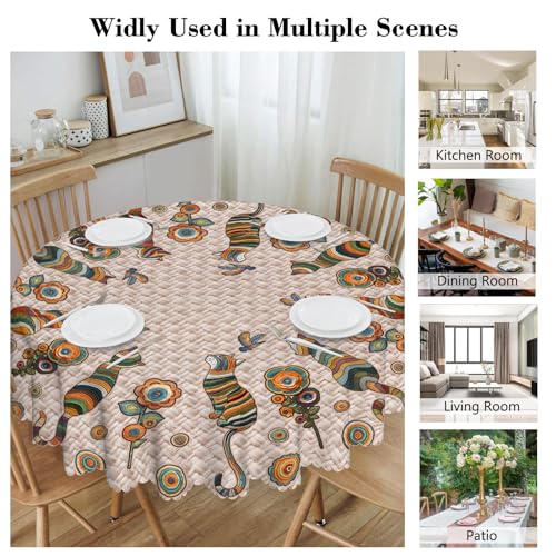 Arroganttiom Round Tablecloth 60 inch, Boho Nation Round Table Cloth, Stain Resistance Water Repellent Wrinkle-Free, Vintage Cat Circle Tablecloth for Home Kitchen Dining Party Patio Indoor Outdoor - Image 3