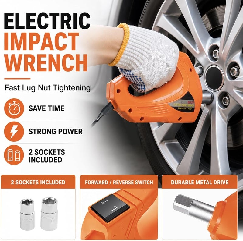 E-HEELP Electric Car Jack 5Ton 12V Hydraulic Kit with Impact Wrench for SUV MPV Sedan Truck Change Tires Garage Repair Orange TT02 - Image 4