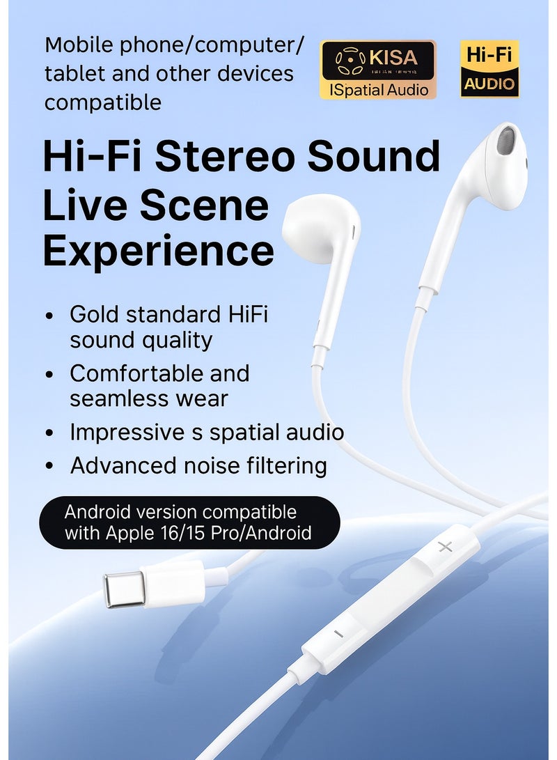 سماعات أذن سلكية بمنفذ Type-C متوافقة مع هواتف iPhone 17/16/15 وأجهزة أندرويد، مزودة بتقنية إلغاء الضوضاء والتحكم في مستوى الصوت، لون أبيض. - Image 5