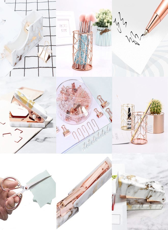 Famassi Rose Gold Marble Desk Accessories, Office Supplies Set Stapler Staple Remover, Tape Holder, Pen 2 Ballpoint Pen, Scissor, Binder Clips, Paper Clips and 1000pcs Staples - Image 5