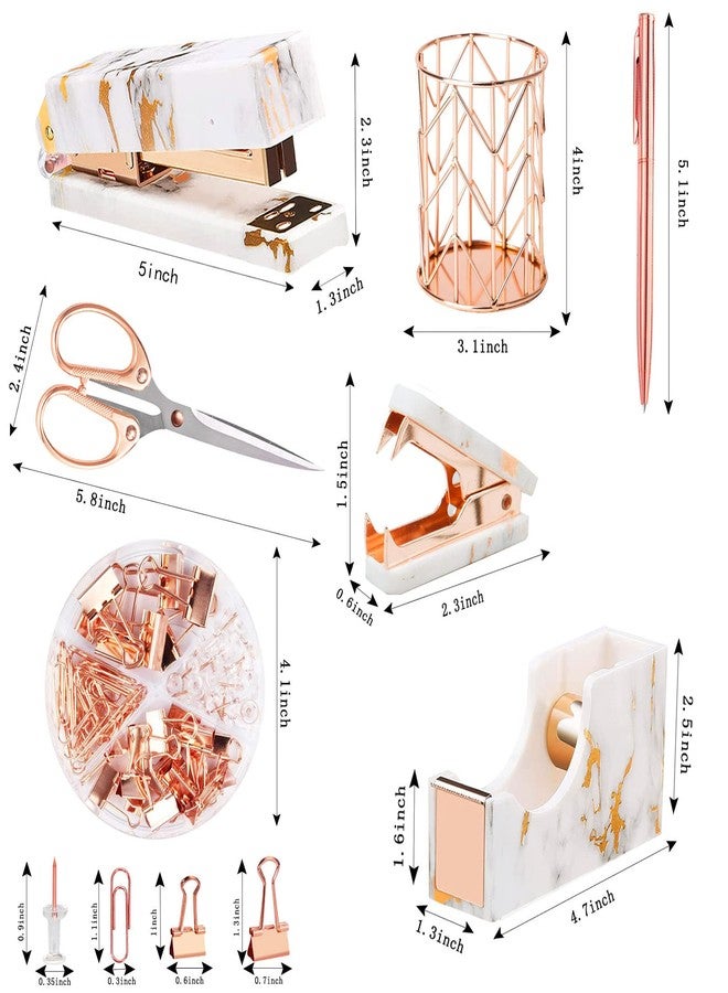Famassi Rose Gold Marble Desk Accessories, Office Supplies Set Stapler Staple Remover, Tape Holder, Pen 2 Ballpoint Pen, Scissor, Binder Clips, Paper Clips and 1000pcs Staples - Image 2