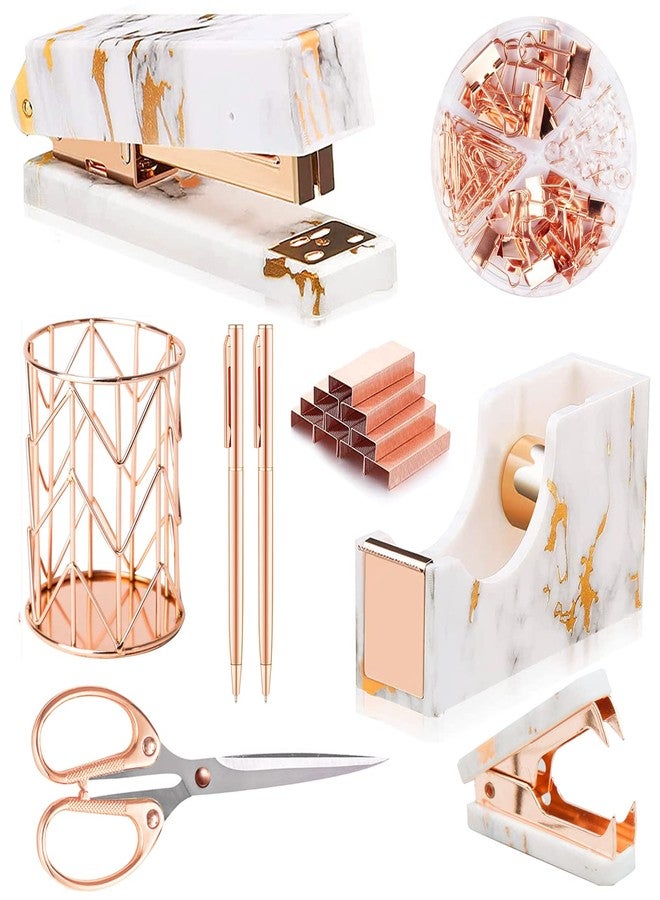 Famassi Rose Gold Marble Desk Accessories, Office Supplies Set Stapler Staple Remover, Tape Holder, Pen 2 Ballpoint Pen, Scissor, Binder Clips, Paper Clips and 1000pcs Staples - Image 1