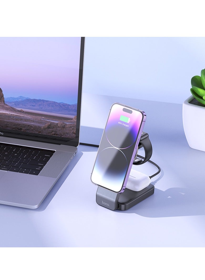 hoco CQ3 Motorcycle Folding 3-in-1 Magnetic Wireless Fast Charger – For Phones, Earphones, and Apple Watch, Foldable with Ambient Light