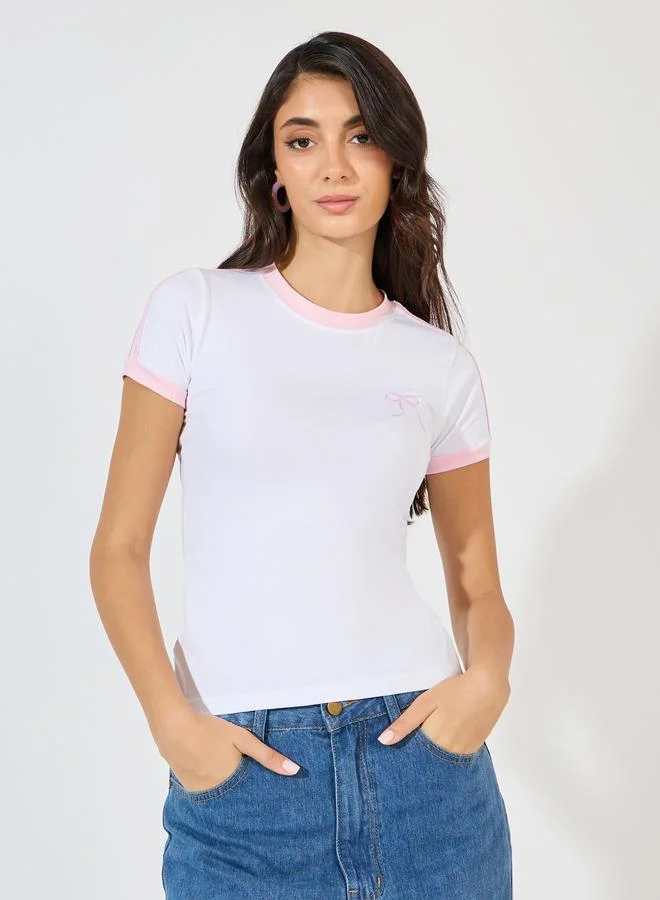 Styli Styli Cotton Stretch Bow Graphic Print Fitted T-Shirt