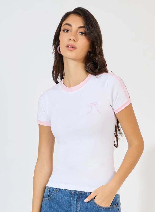 Styli Styli Cotton Stretch Bow Graphic Print Fitted T-Shirt