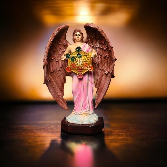ARCHANGEL JUDAISM METATRON STATUE IDOL PERFECT REIKI HEALING ANGEL HOLDING SACRED FLOWER OF LIFE GEOMETRIC CUBE STATUE MUILTCOLOR 9 X 10 X 26 CM RESIN IDOL