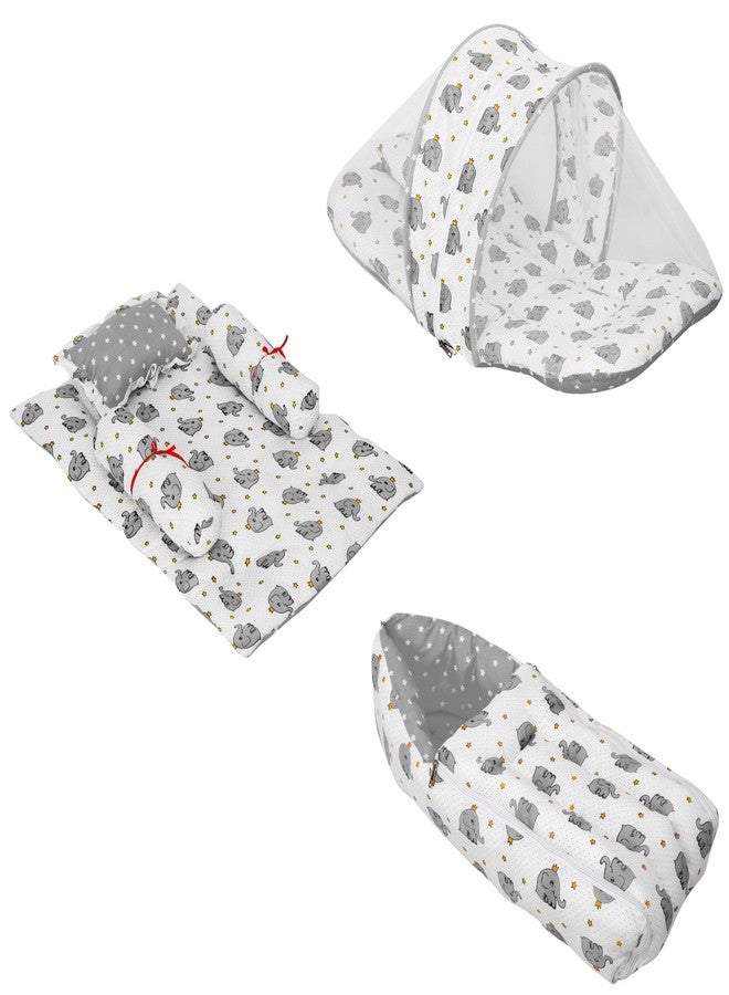 AMARDEEP and Co Combo of Baby Bed with Net | Carry Bag | 4 Pcs Bedding Set(0-6 Months) (Cute Elephants Grey) - Image 1