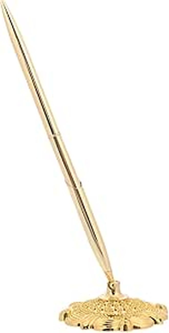 Gold Finish Metal Ballpoint Pen with Holder for Business Signature and Office Desk Use Blue Ink - Image 1