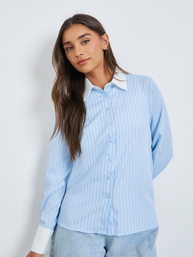 Styli Blue Contrast Cuff Pinstripe Shirt - Image 3