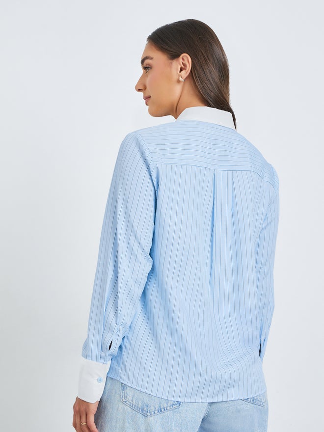 Styli Blue Contrast Cuff Pinstripe Shirt - Image 5
