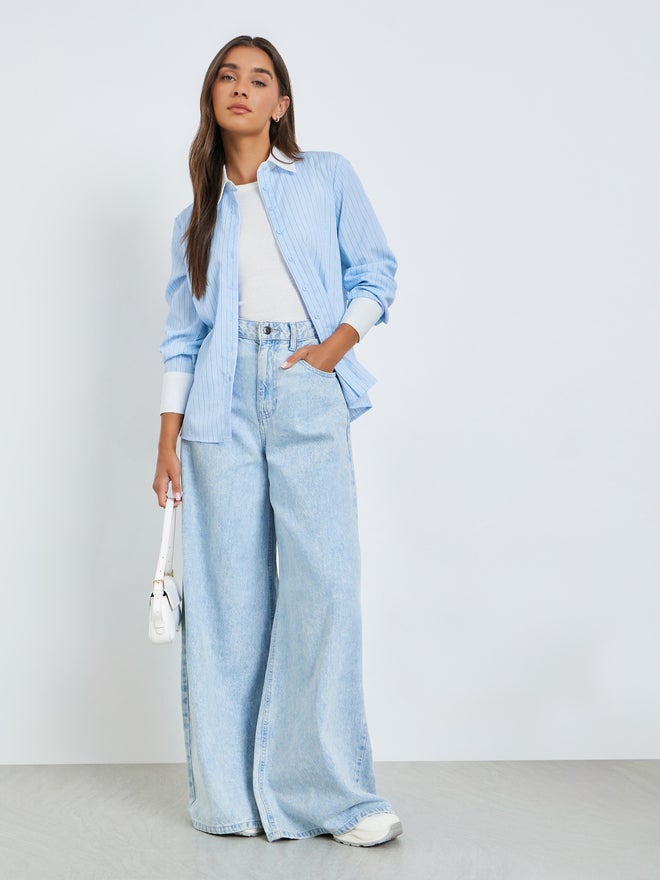 Styli Blue Contrast Cuff Pinstripe Shirt - Image 2