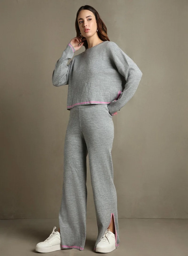 Dennis Lingo Women's Grey Melange 100% Acrylic Solid Regular Fit Sweater