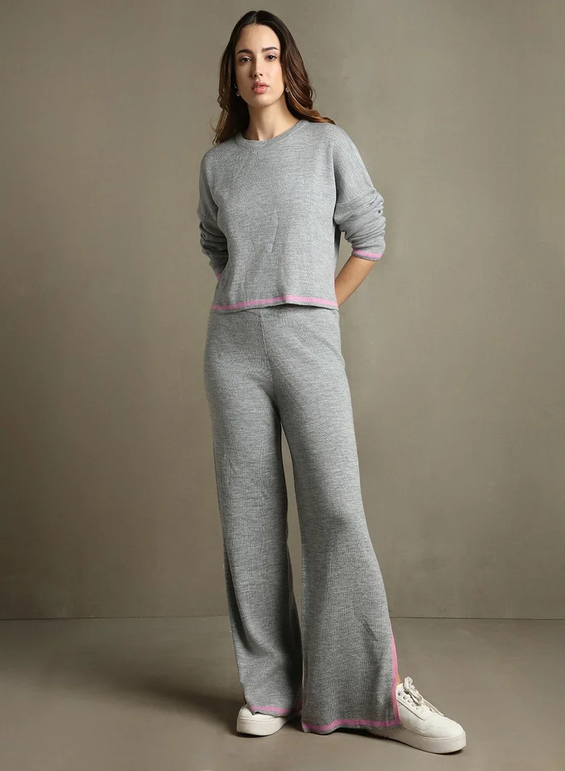 Dennis Lingo Women's Grey Melange 100% Acrylic Solid Regular Fit Sweater