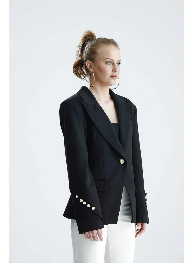 GACACOLLECTION SABRA Black Wool‑Blend Belted Jacket