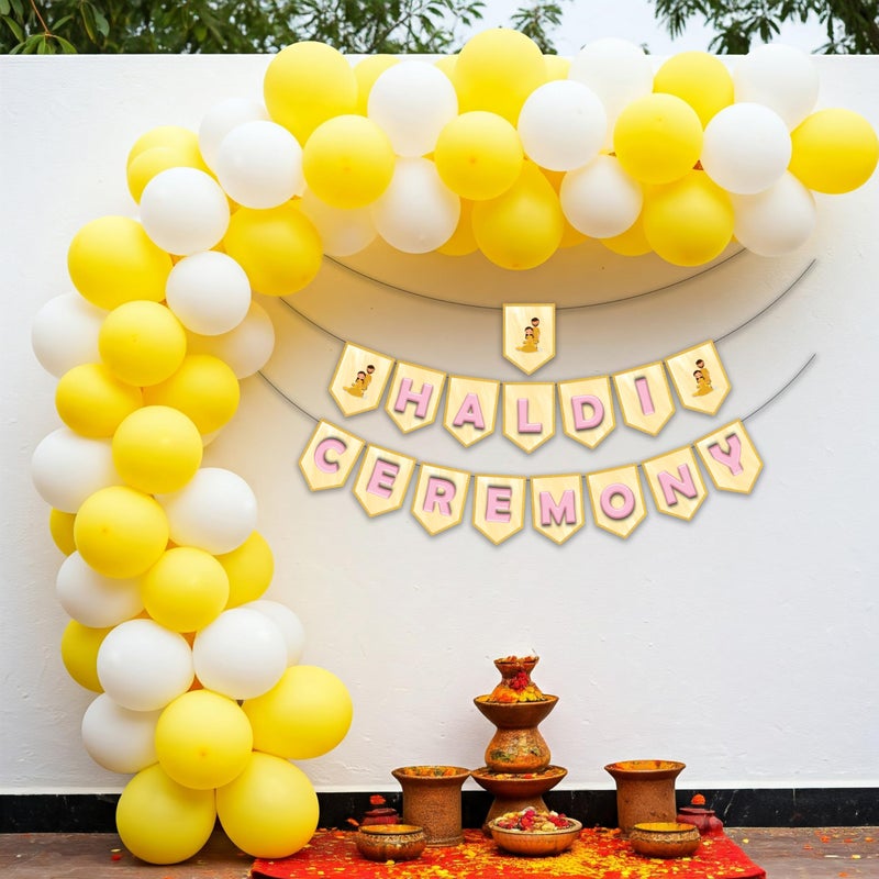 1iAM Haldi Decoration Combo Pack of 42 - 1pc Haldi Ceremony Banner, 40pcs Balloons & 1pc Balloon Arch | Pre-Wedding Decoration Items for Daughter, Sister, Girlfriend Creative Marriage Event Program - Image 1