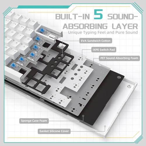 A-jazz Attack Shark ajazz AK820 Wired Mechanical Gaming Keyboard with Volume Knob Hot Swappable 75% Gasket Keyboard 5-Layer Noise Absorbing Foam PBT Keycap Ice Blue Backlit Blue Switch for PC/Win/Mac-White - Image 4