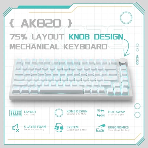 A-jazz Attack Shark ajazz AK820 Wired Mechanical Gaming Keyboard with Volume Knob Hot Swappable 75% Gasket Keyboard 5-Layer Noise Absorbing Foam PBT Keycap Ice Blue Backlit Blue Switch for PC/Win/Mac-White - Image 2