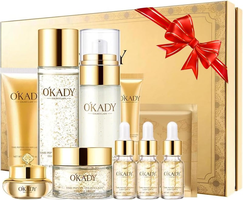 مجموعة OKADY للعناية بالبشرة المضادة للشيخوخة 10 قطع روتين العناية اليومية سيروم مجموعات العناية بالبشرة للفتيات هدايا تدليل للنساء مجموعة هدايا لترطيب وتنشيط الوجه مجموعات العناية بالوجه للنساء والفتيات المراهقات