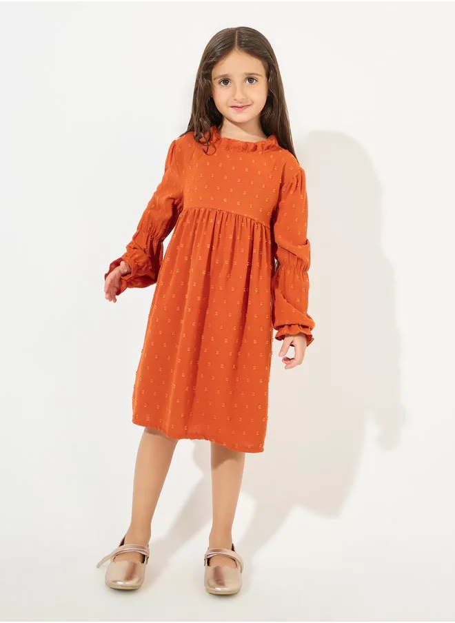 Styli Dobby Ruffled Neck Casual Dress